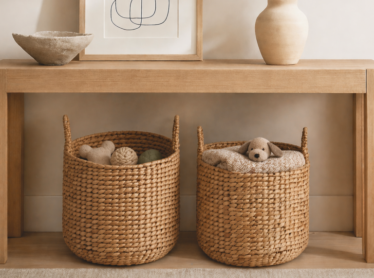 handled basket set in room