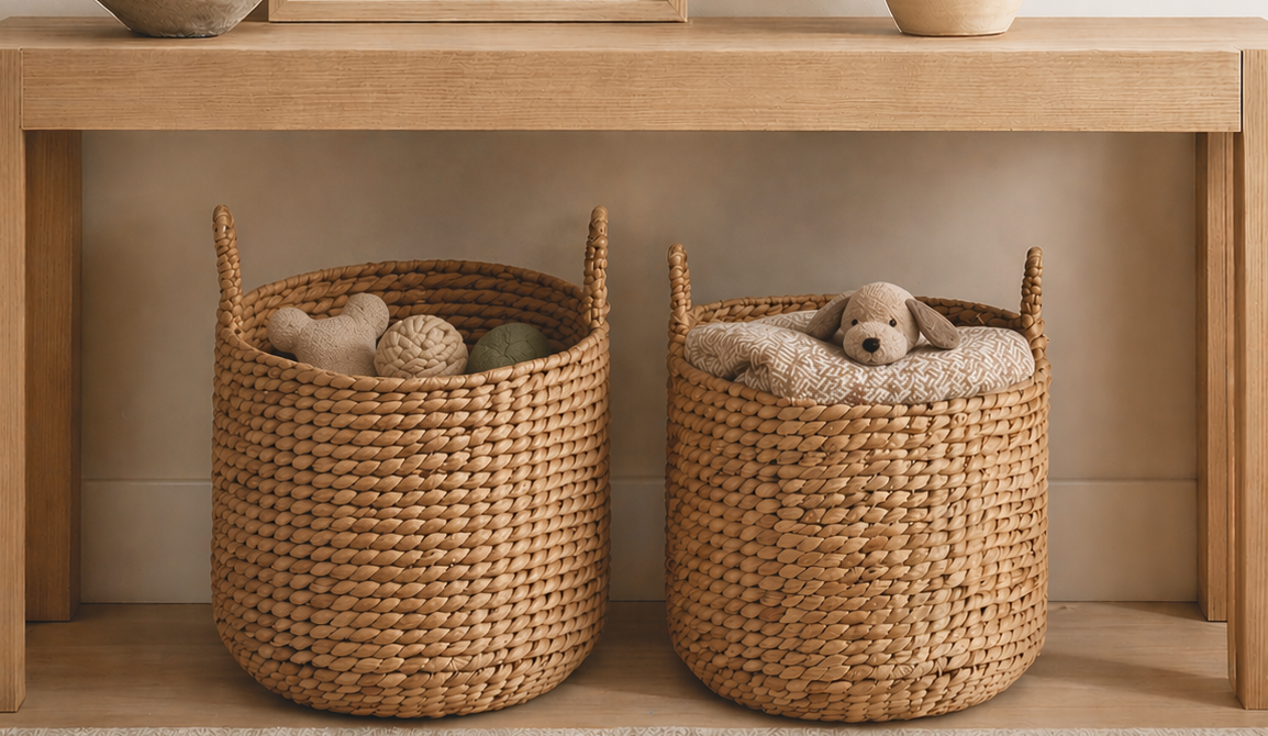 handled basket set in room