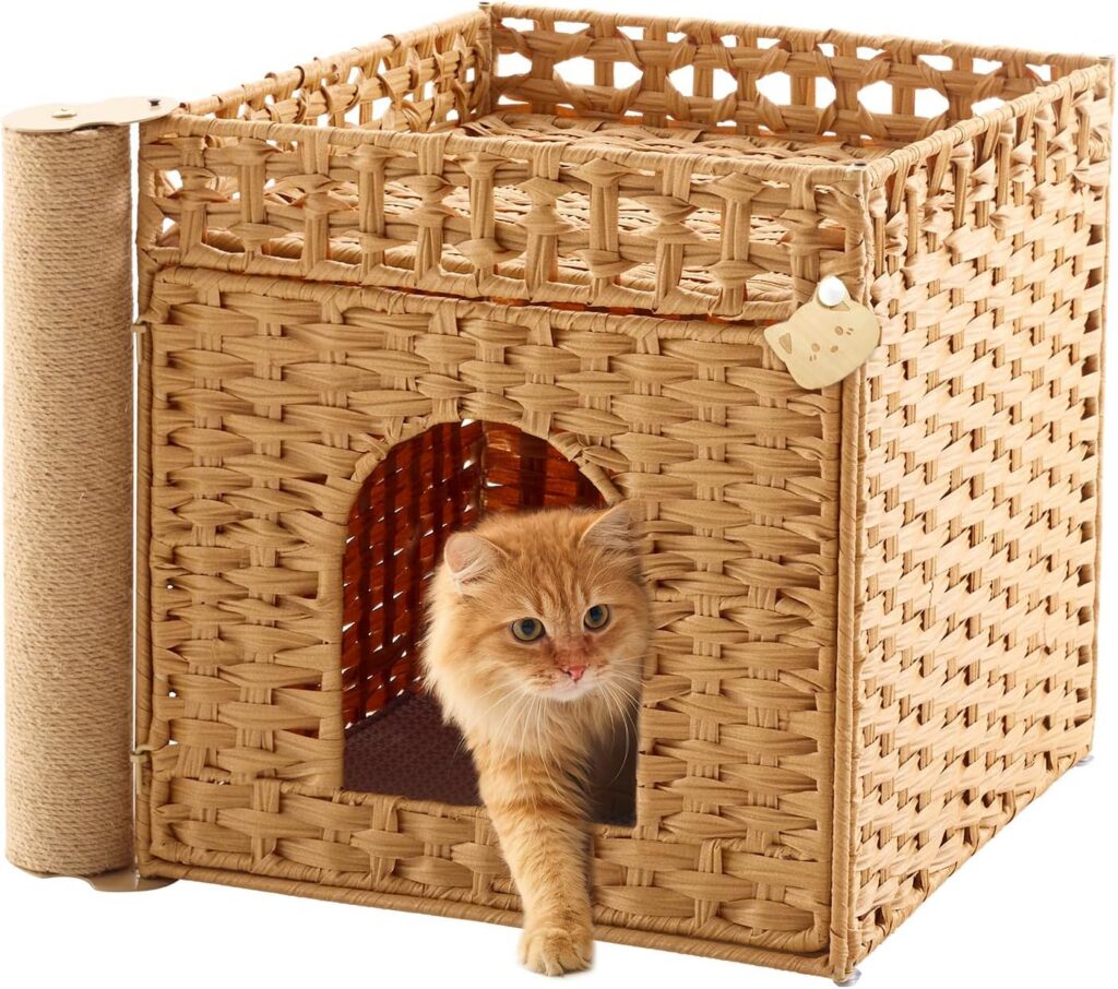 rattan cat house with post