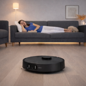 restful living room with robotic vacuum