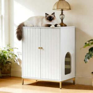 white glossy litter box cabinet with legs