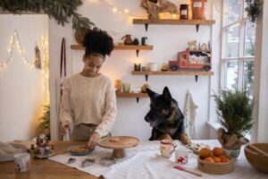 woman decorating cookies in a cozy, festive kitchen while a large dog sits beside her, creating a warm seasonal moment.