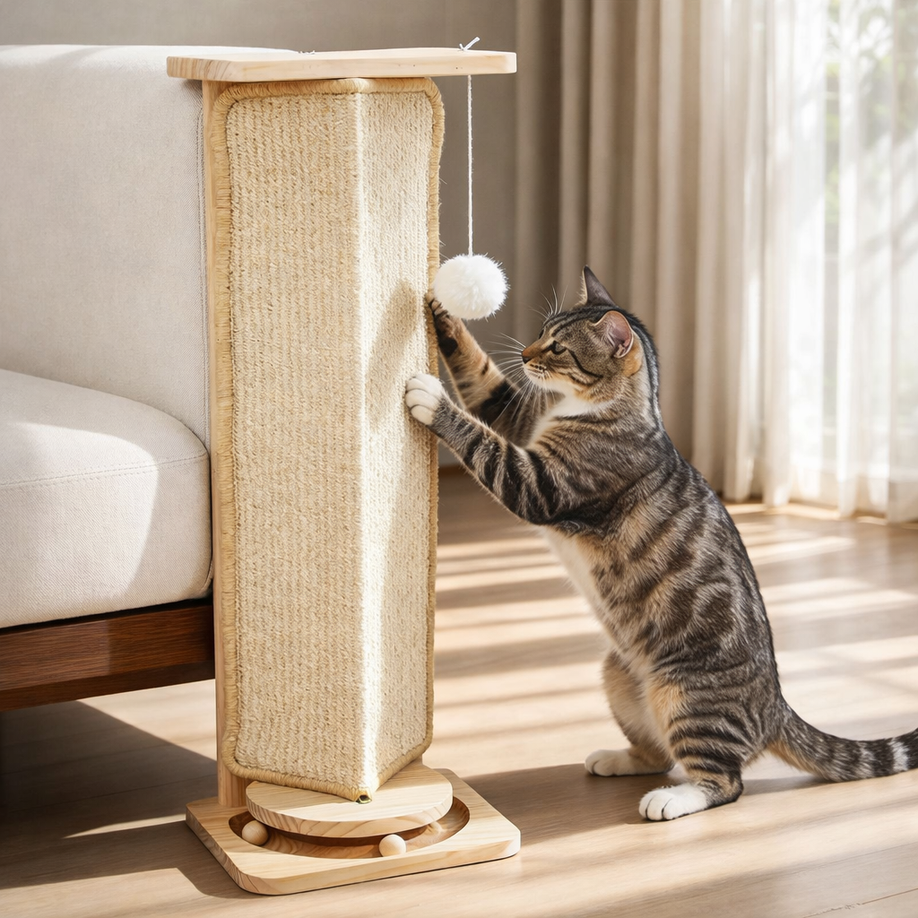curious cat reaches for pom pom