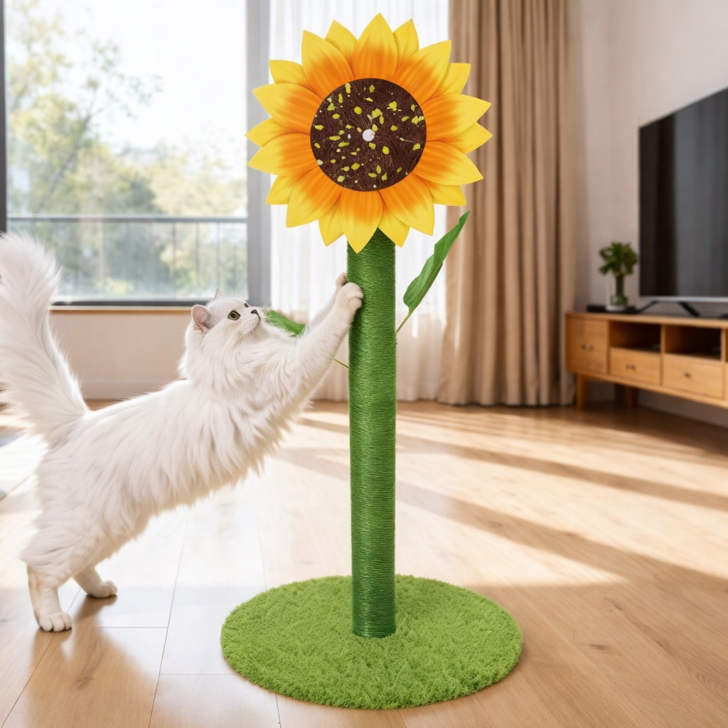 fluffy cat with sunflower scratching post
